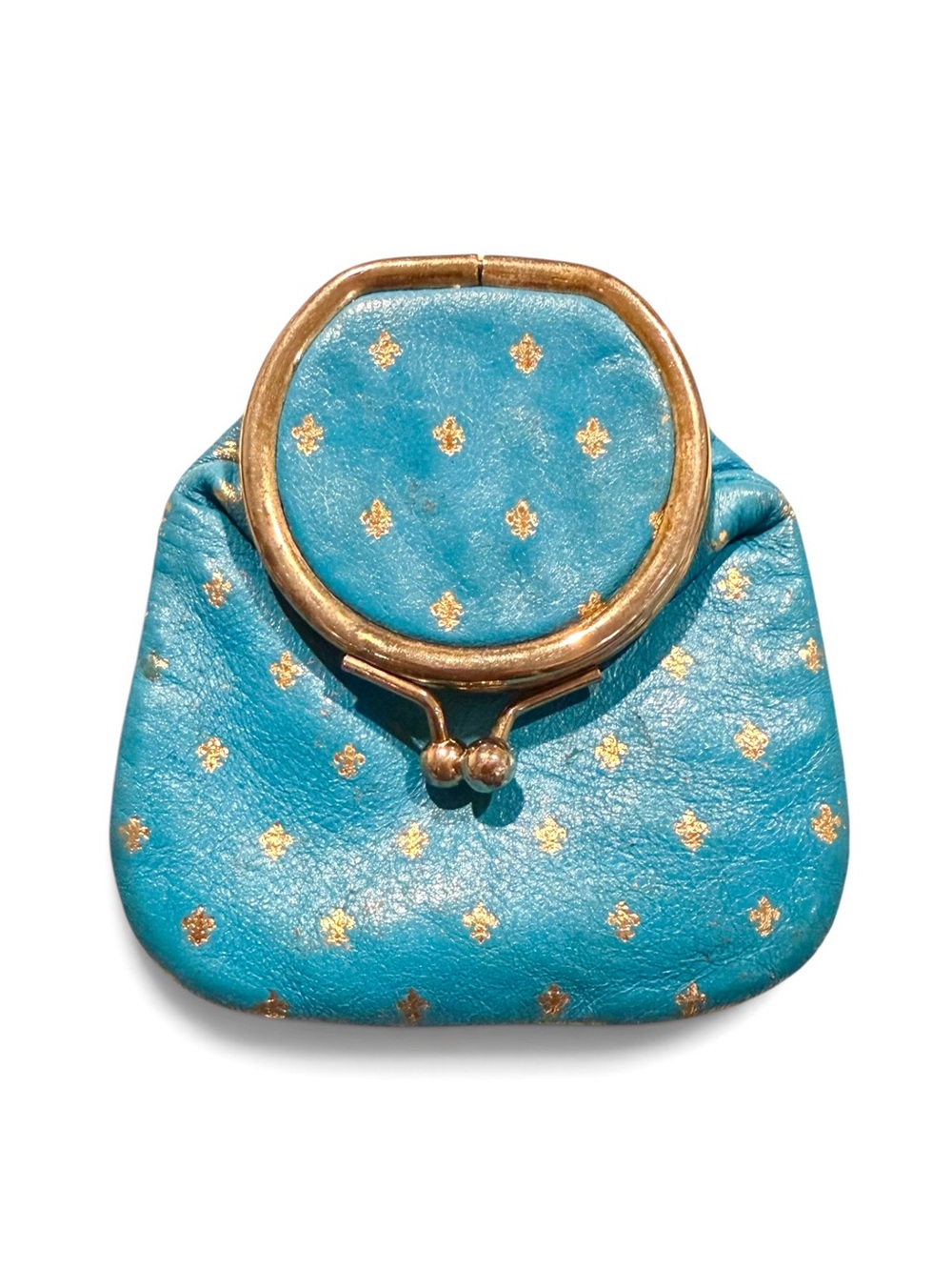 Vintage Made in Italy Genuine Leather Kiss Lock Mini Pouch Coin Purse Blue Gold